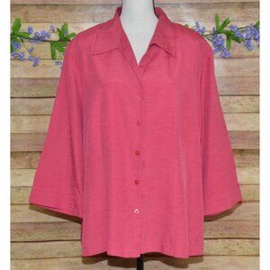 Alfred Dunner Womens Pink Button Up 3/4 Sleeve Blouse Top Plus Size 20W Career